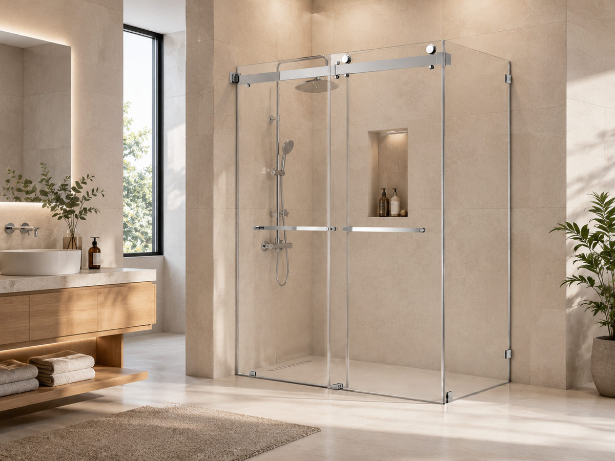 NA-R02 frameless double sliding shower enclosure with chrome hardware in a contemporary beige bathroom with rainfall shower