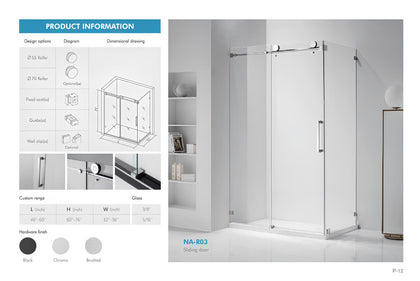 NA-R03 sliding shower door spec sheet with roller options, dimensions, glass thickness, and hardware finishes