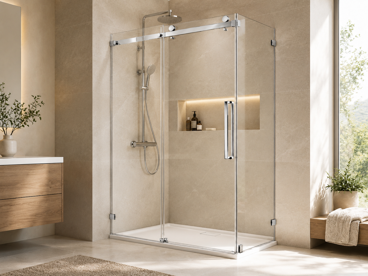 NA-R05 frameless single sliding shower enclosure in chrome with slim handle in a contemporary beige bathroom