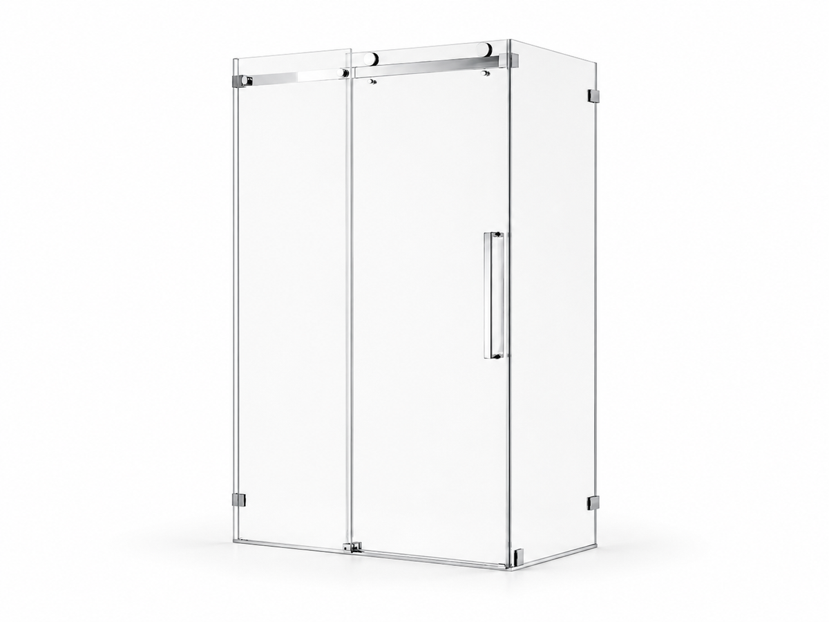 NA-R05 frameless single sliding shower door in chrome with slim small-round roller hardware