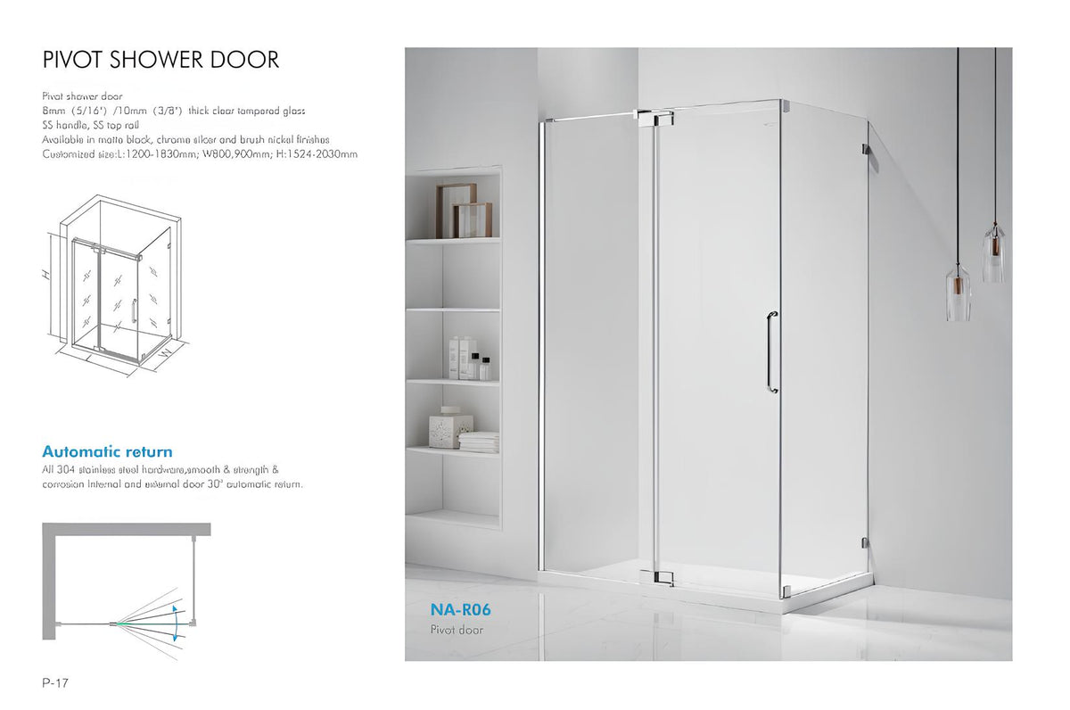 NA-R06 pivot shower door spec sheet detailing 304 stainless hardware, automatic return, and custom sizing