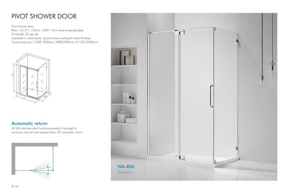NA-R06 pivot shower door spec sheet detailing 304 stainless hardware, automatic return, and custom sizing