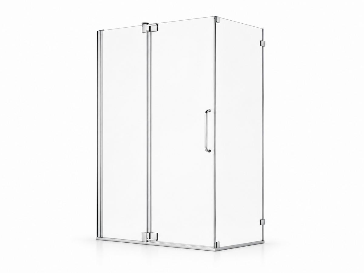 NA-R06 frameless pivot shower door in chrome with stainless steel curved handle and corner enclosure panel