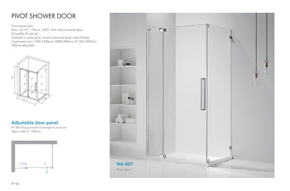 NA-R07 pivot shower door spec sheet with adjustable hinge panel, stainless handle, and dimension range