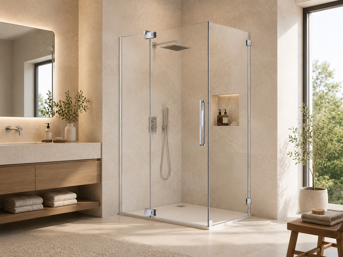 NA-R07 frameless pivot shower enclosure in chrome with bar handle in a modern beige stone
