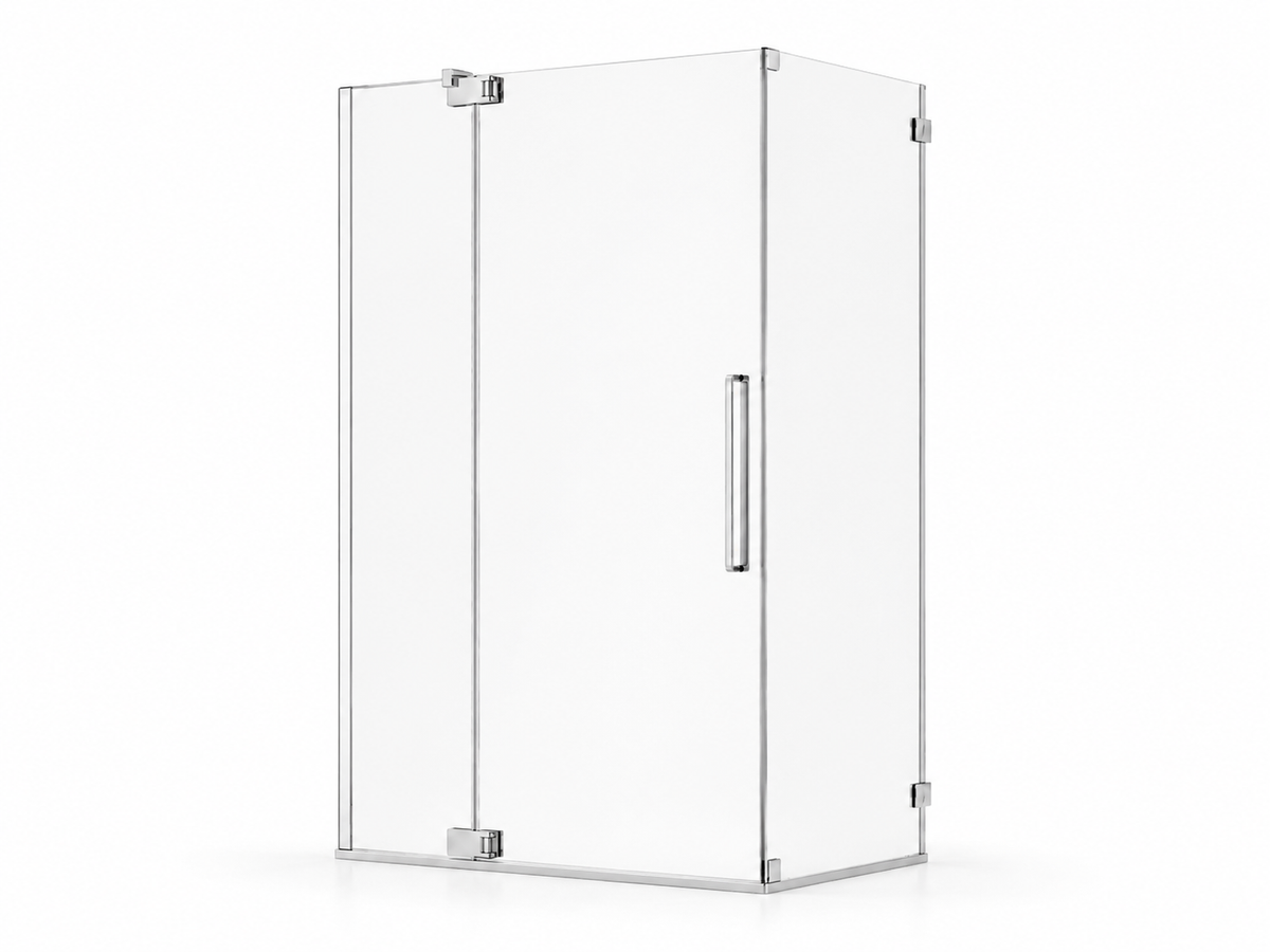 NA-R07 frameless pivot shower enclosure in chrome with adjustable hinge panel and vertical bar handle