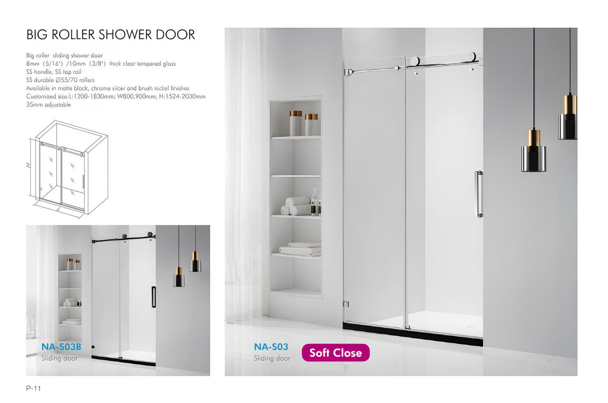 NA-S03 chrome big-roller sliding shower door with soft-close — product specification sheet with dimensions