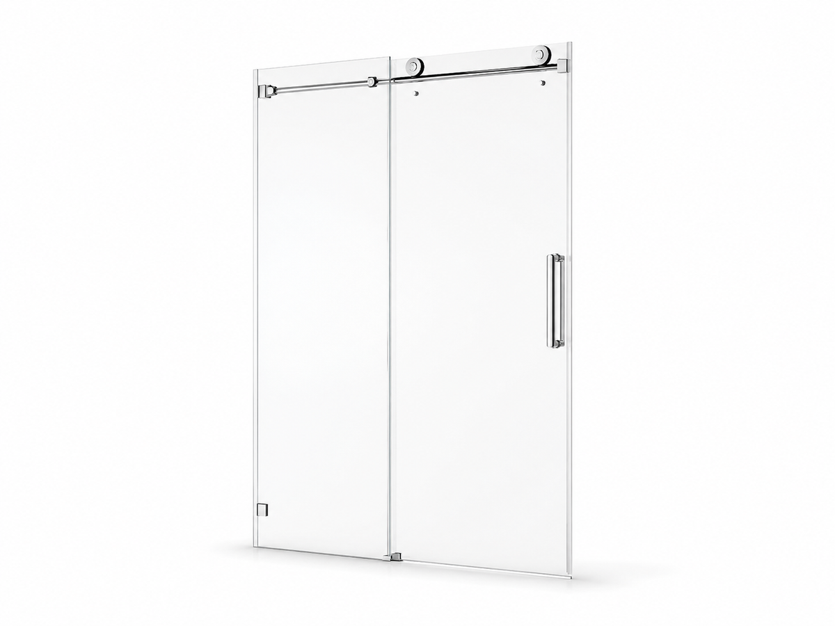 NA-S03 chrome big-roller frameless sliding shower door with oversized stainless rollers, white background