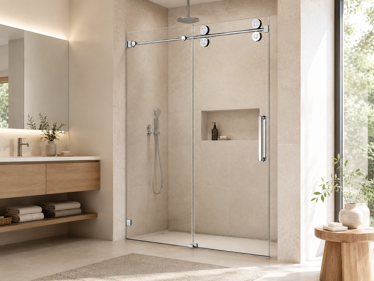 NA-S04 chrome big-roller frameless sliding shower door in a sunlit beige tile bathroom