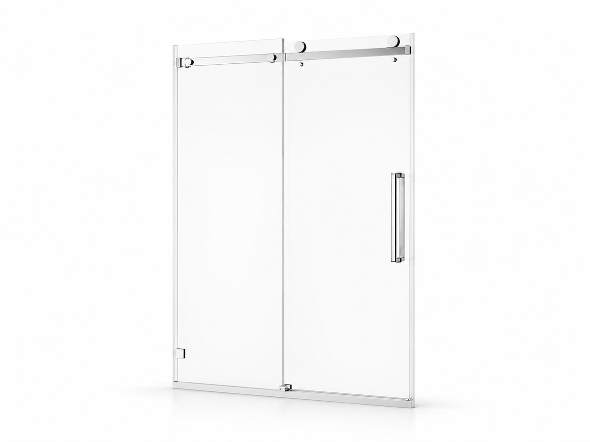 NA-S05 chrome single-panel frameless sliding shower door, studio product view on white