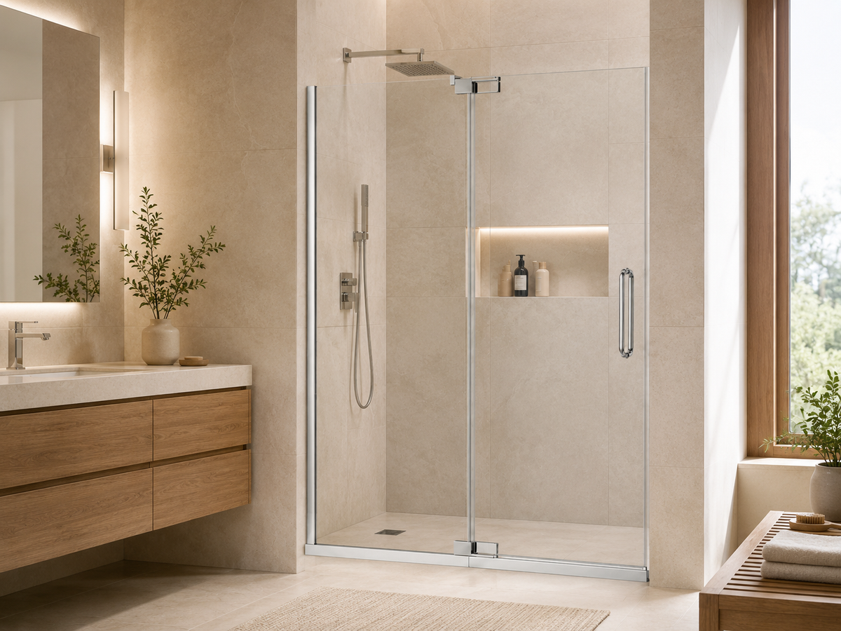 NA-S06 chrome frameless pivot shower door with fixed inline panel in a modern beige bathroom