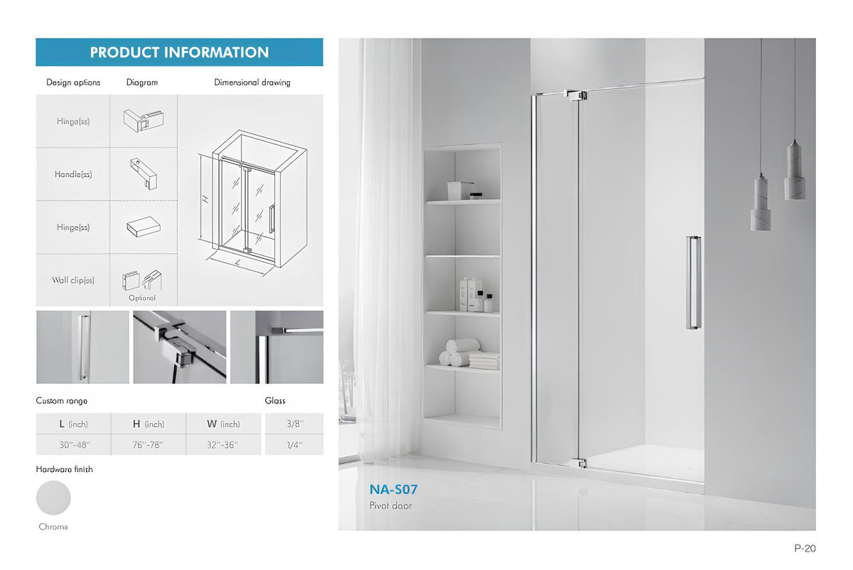 NA-S07 chrome frameless pivot shower door — product specification sheet with dimensional drawing