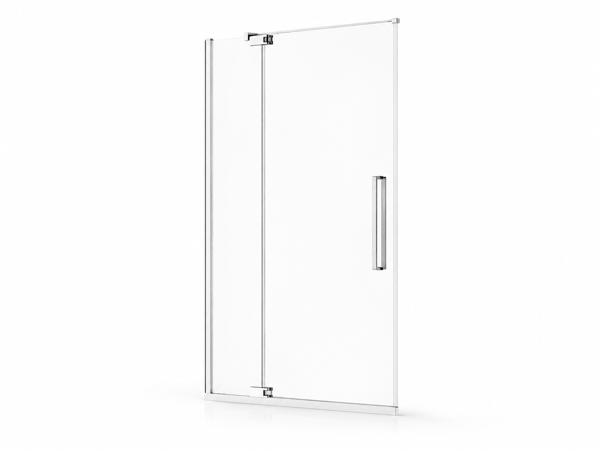 NA-S07 chrome frameless pivot shower door with fixed return panel, side product view