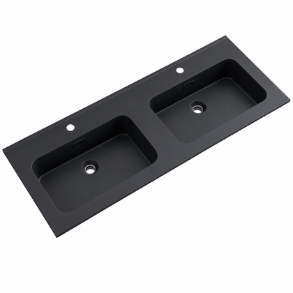 Integral Solid Surface Vanity-Top Basin with Single-Hole Countertop RSB1210DMB – 1210 × 465 × 158 mm · Double Bowl, Matte Black