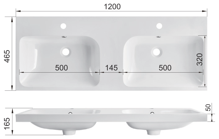 Solid Surface Integrated Vanity-Top Basin with Rectangular Bowl RSD1200D – dimension drawing