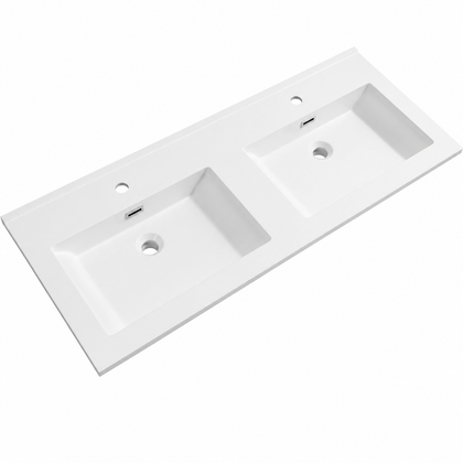 Solid Surface Integrated Vanity Top Basin with Pre-Drilled Faucet Hole RSE1204-D – 1204 × 500 × 125 mm · Double Bowl