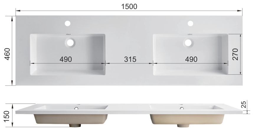 Rectangular Solid Surface Vessel Basin with Single Faucet Hole RSF1500D – dimension drawing