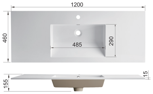 1200mm Solid Surface Integrated Countertop Basin, Right-Offset Bowl RSJ1200-1 – dimension drawing