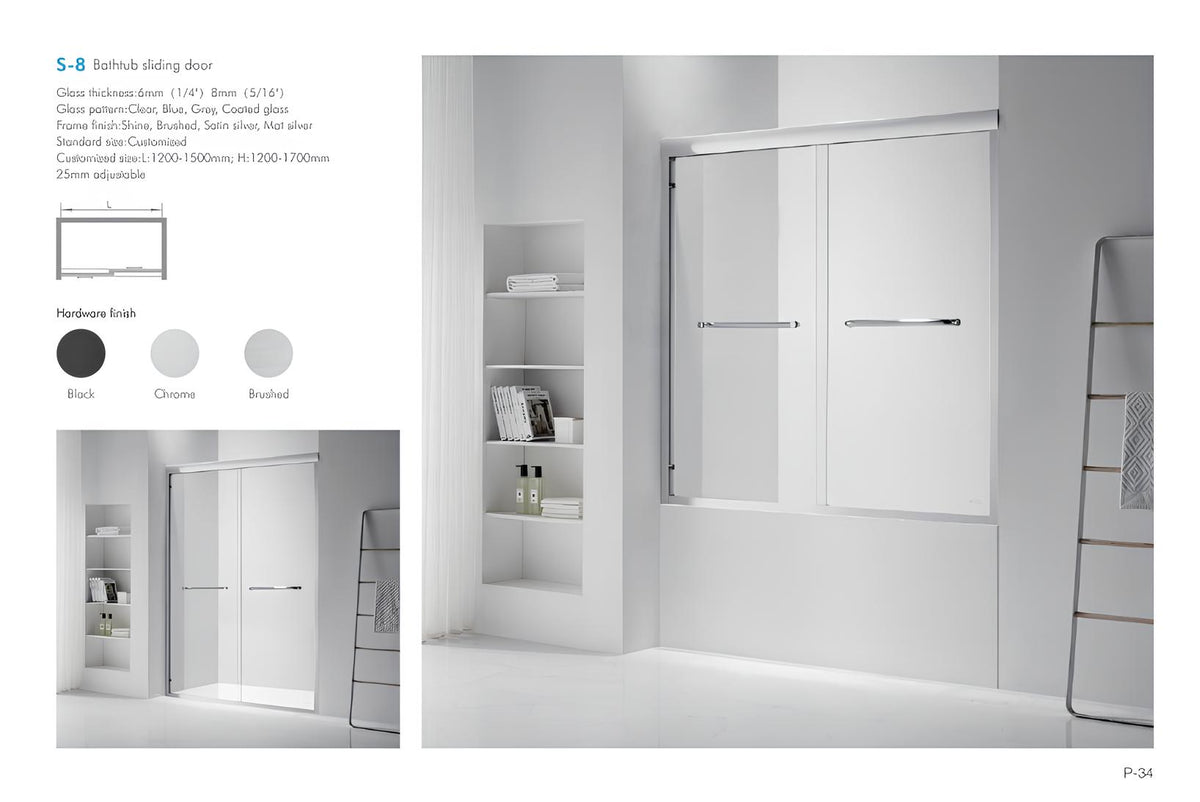 S-8 bathtub sliding door hardware finish options in black chrome and brushed