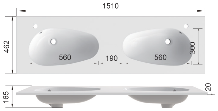 Solid Surface Teardrop Integrated Vanity Basin with Single Faucet Hole SD1510D – dimension drawing
