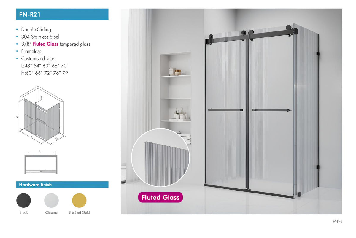 SANIKB SN-R21 fluted glass sliding shower door product specification image with size and finish options