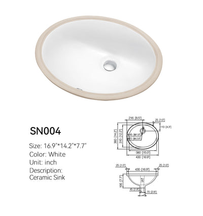 Small oval ceramic undermount sink SN004 in white with dimensioned spec drawing, 16.9 x 14.2 x 7.7 in (430 x 360 x 195 mm)