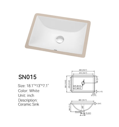 Compact white ceramic undermount bathroom sink SN015 with dimensioned drawing, 18.1 in x 13 in x 7.1 in (460 x 330 x 180 mm)