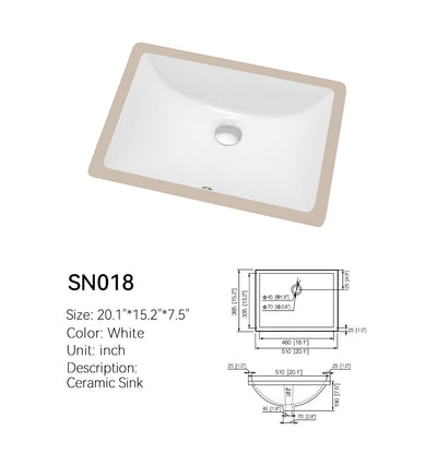 SN018 white ceramic undermount basin with dimension drawing showing 20.1 x 15.2 x 7.5 in size, drain, and 1.0 in mounting flange