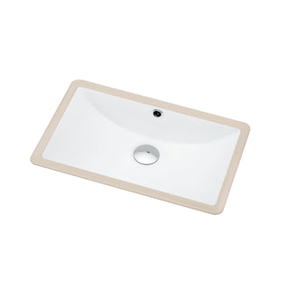 Compact rectangular ceramic sink with overflow in a white glazed finish, shown as an undermount basin with a chrome pop-up drain