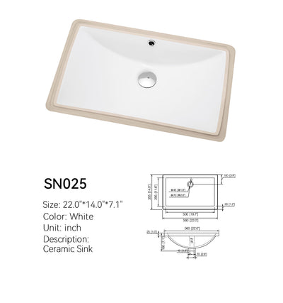 White 22 inch rectangular ceramic undermount sink, model SN025, with a rear overflow and center drain, shown above a dimensioned spec drawing marked 22.0 x 14.0 in (560 x 355 mm).