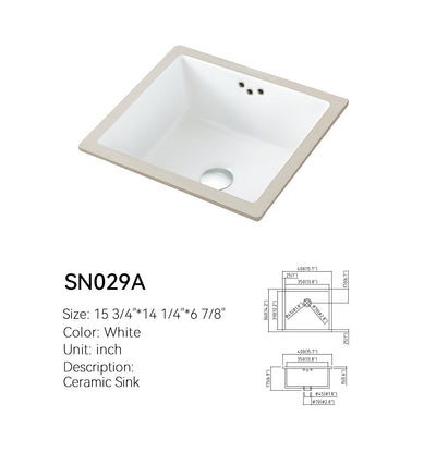 SANIKB SN029A white ceramic undermount basin, compact near-square bowl, 15 3/4 x 14 1/4 in (400 x 360 mm)