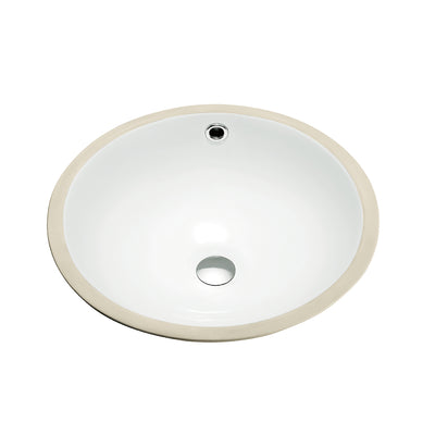 White round ceramic undermount bathroom sink shown from above with a center drain