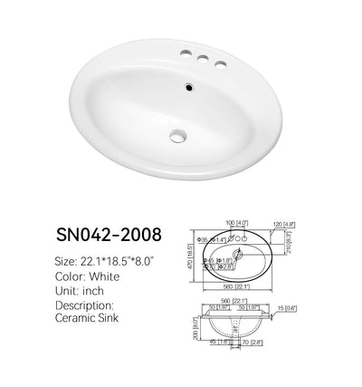 SN042-2008 white 22 inch oval ceramic drop-in sink with 3-hole 4 in centerset deck and dimensioned spec drawing