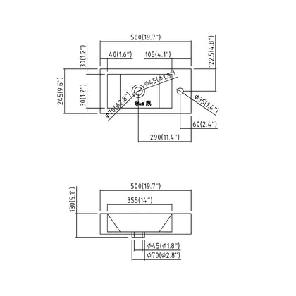 SN050 rectangular wall hung basin technical drawing with 500 mm width and drain hole dimensions