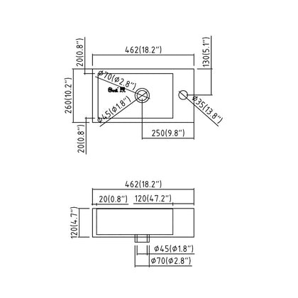 SN052 rectangular wall mounted basin specification drawing with faucet and drain hole details