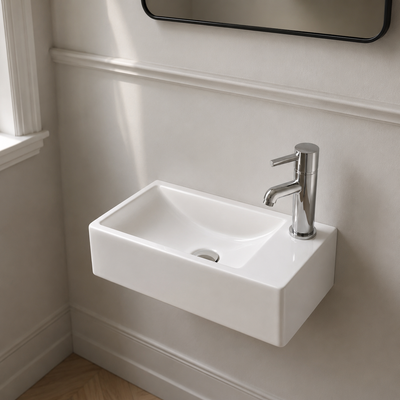 Narrow rectangular wall hung basin with chrome faucet installed in a compact bathroom
