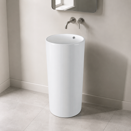 Cylindrical Freestanding Pedestal Sink in Glossy White Ceramic