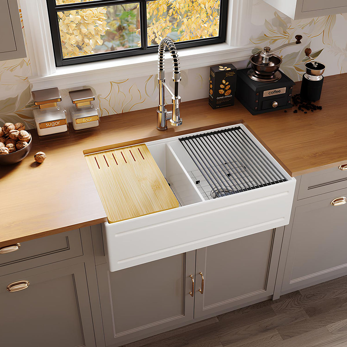 33 Inch Vintage Cast Iron Farmhouse Sink with Double Drainboard | Granite Apron | Model SN102W3320D