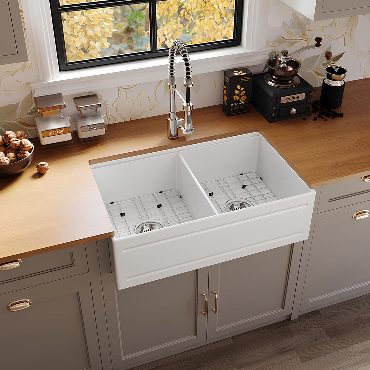 33 Inch Vintage Cast Iron Farmhouse Sink with Double Drainboard | Granite Apron | Model SN102W3320D