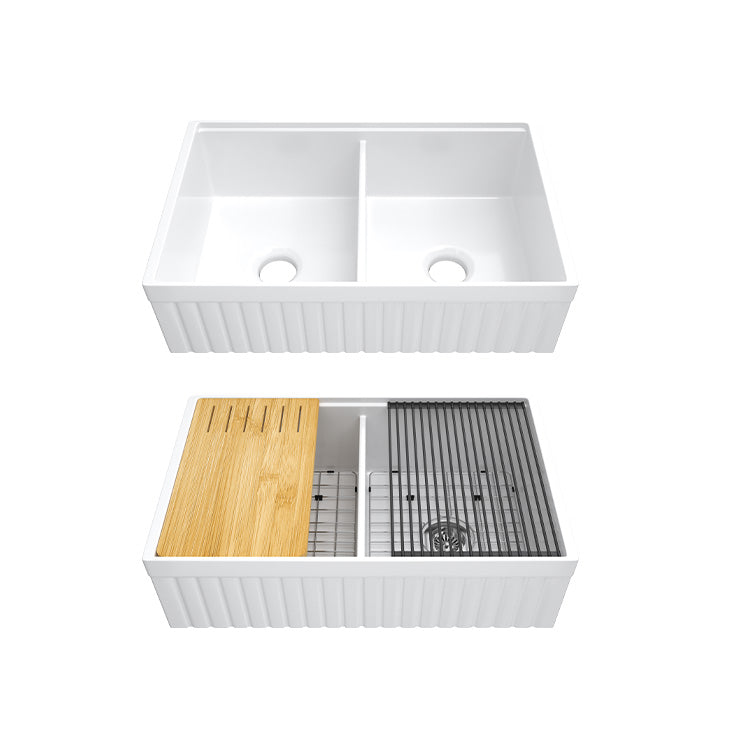 33 Inch Double Apron Sink – Fireclay Utility Sink | SANIKB SN103W3320D