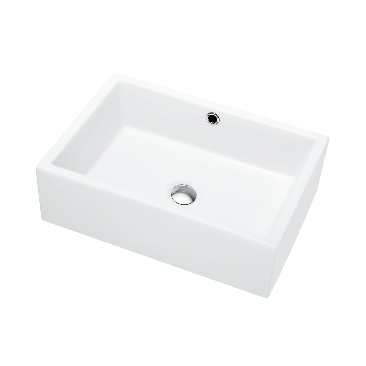 Above-counter rectangular ceramic countertop basin without faucet hole in white, showing the single drain