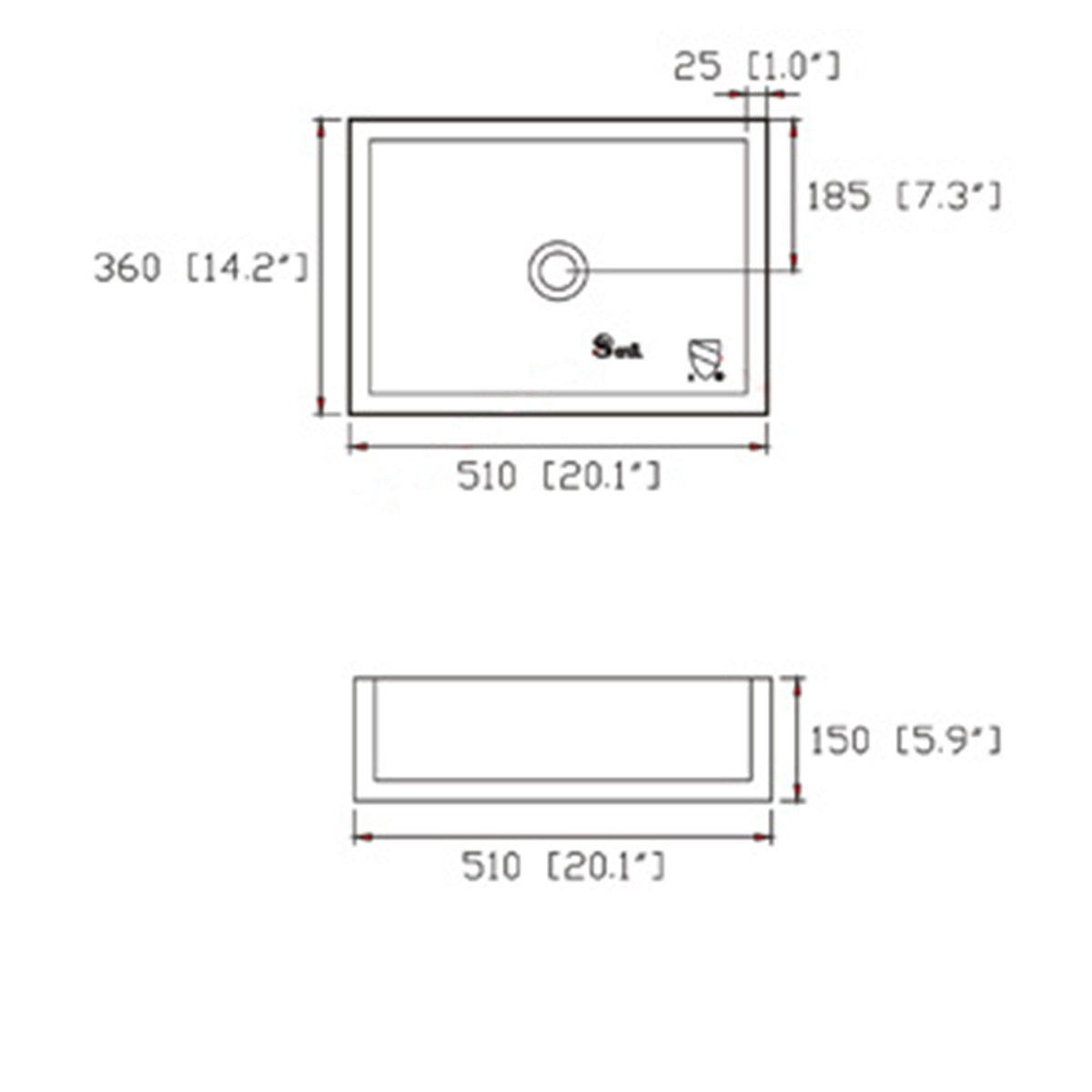 Dimension drawing of the rectangular ceramic countertop basin, 20.1 by 14.2 by 5.9 inches