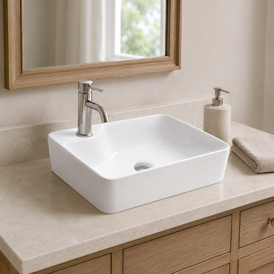 White compact rectangular ceramic countertop basin styled on a stone vanity with brushed nickel faucet, mirror, and towel
