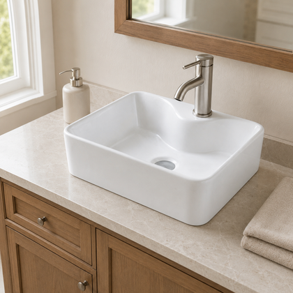 Close-up of a white rectangular ceramic vessel basin on a stone counter with a tall brushed nickel single-lever faucet