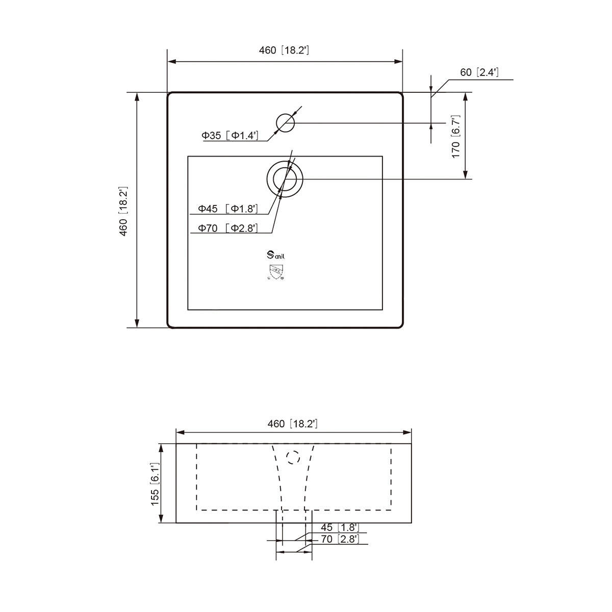 Dimensioned spec drawing of the square ceramic vessel basin showing 460 x 460 mm size, faucet hole, and drain outlet