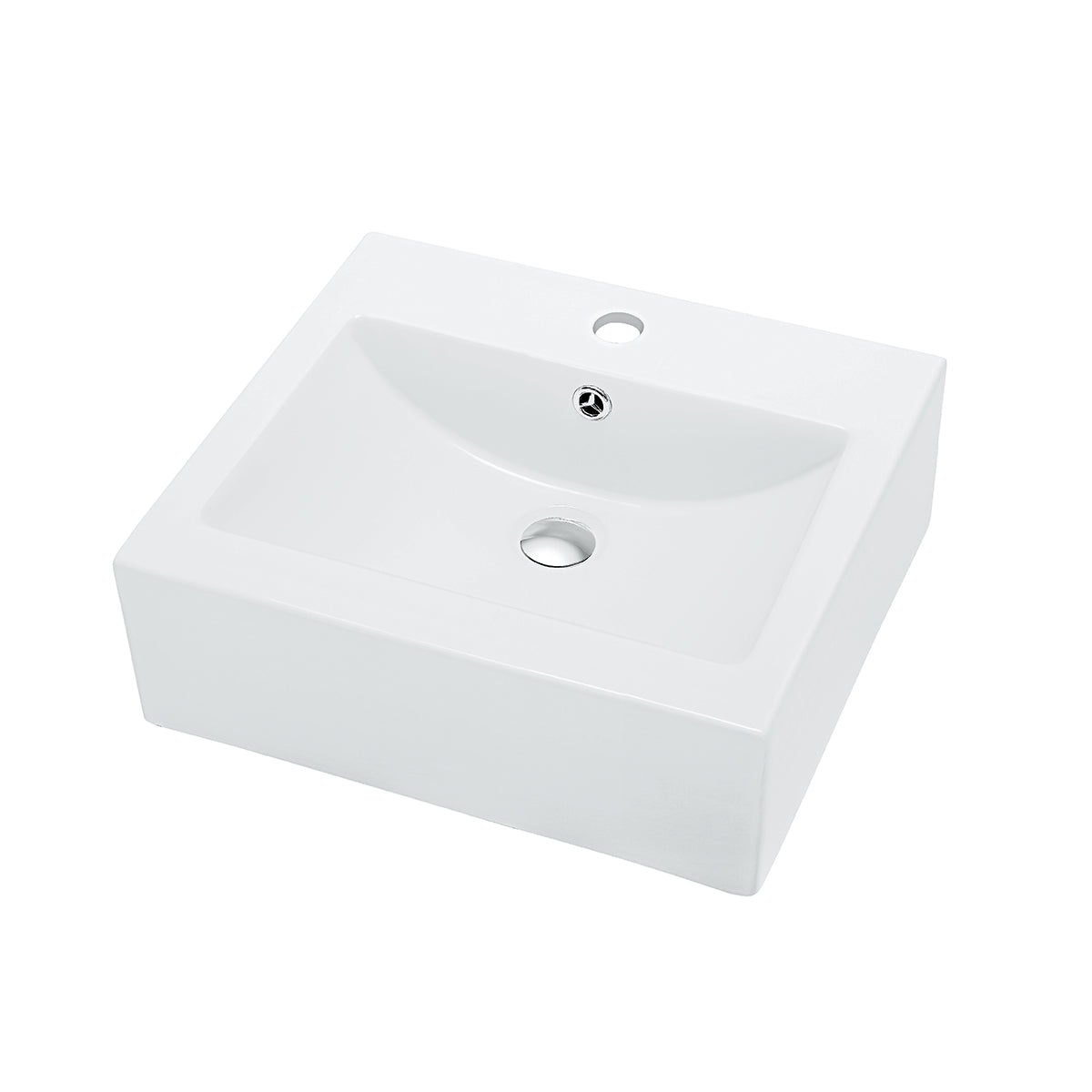 SANIKB square ceramic vessel sink in glossy white, front angle showing the single rear faucet hole