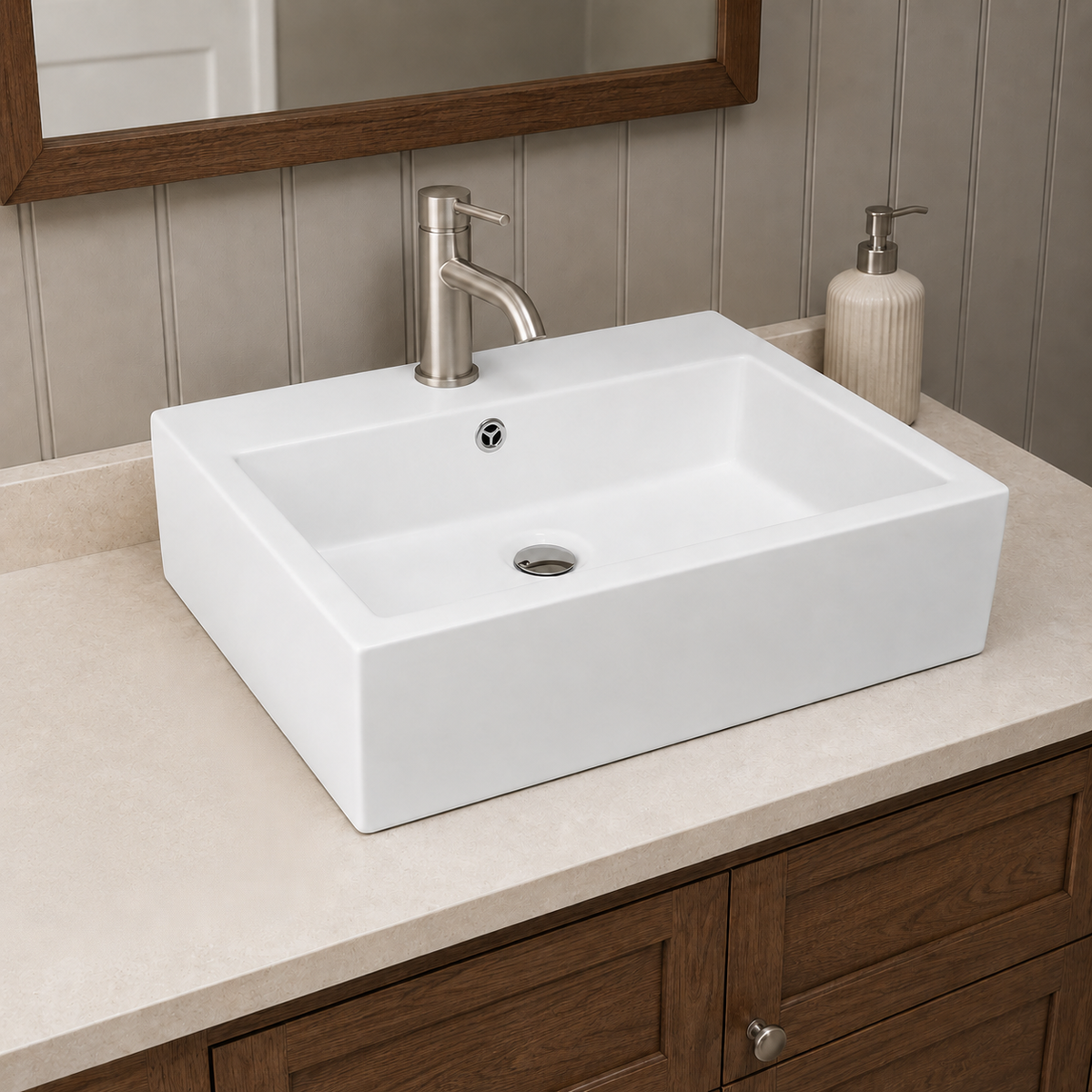 22.5 inch rectangular ceramic vessel sink in white, installed above-counter on a bathroom vanity with a single-hole faucet