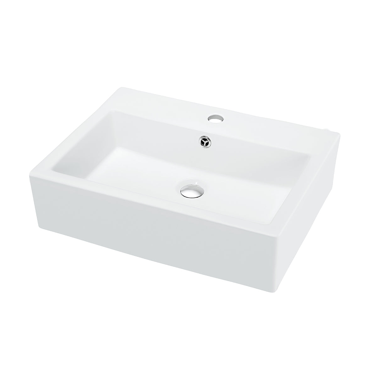 White 22.5 inch rectangular ceramic vessel sink, angled view showing the pre-drilled faucet hole and drain