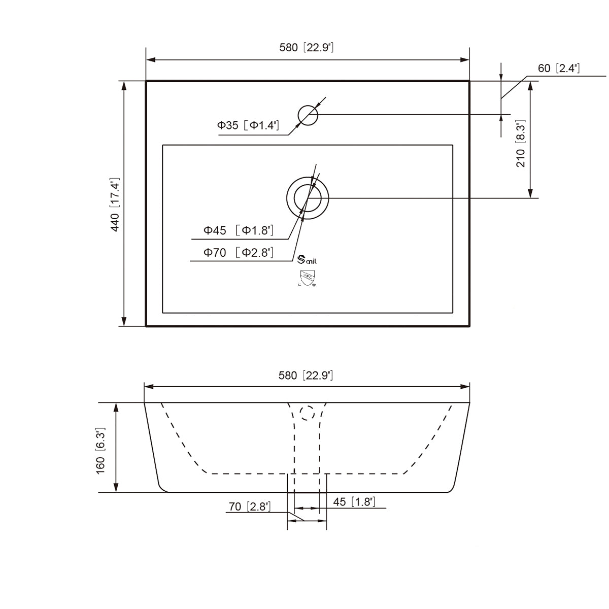 Dimensioned spec drawing of a 23 inch rectangular ceramic vessel sink with top and side views in mm and inches
