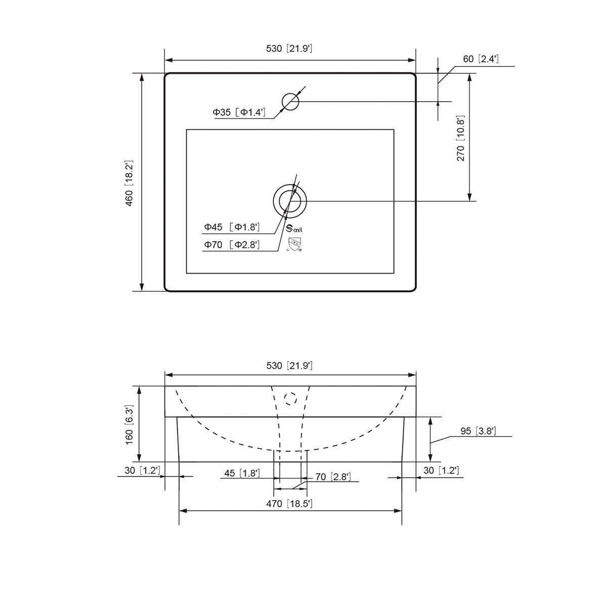 Spec drawing of the 21 inch rectangular ceramic vessel sink showing 530 x 460 x 160 mm and drain layout